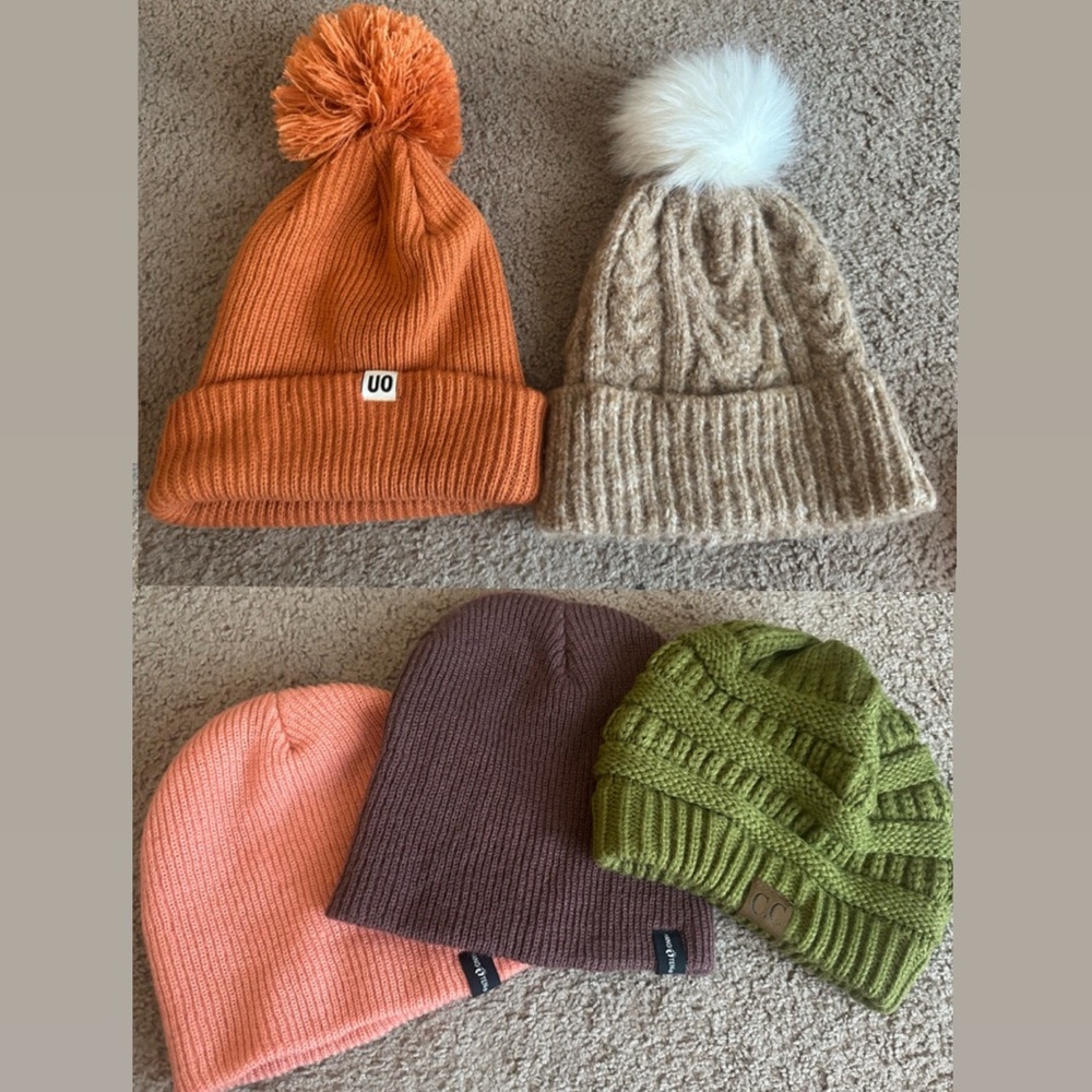 Lot of UO Orange, Steve Madden Beige Pom-Pom, 2 hang ten, and a CC Beanie
